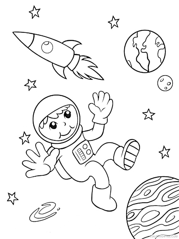 На раскраске изображено: Ракета, Планеты, Звезды, Космонавты, Скафандры