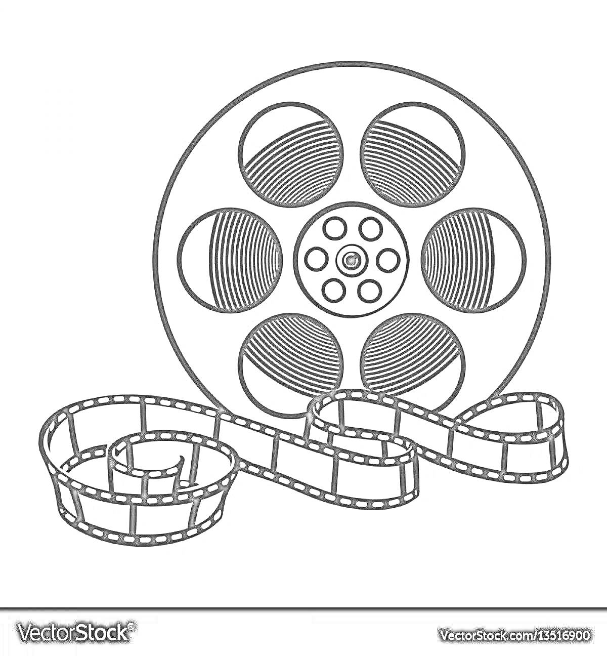 Раскраска Катушка киноленты с размотанной киноплёнкой