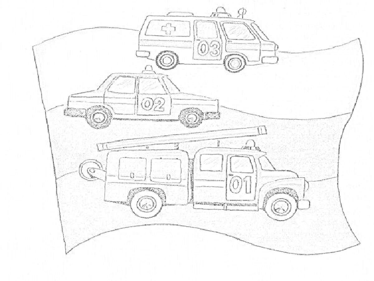 Раскраска Пожарная машина, полицейская машина и машина скорой помощи на фоне волнистого флага