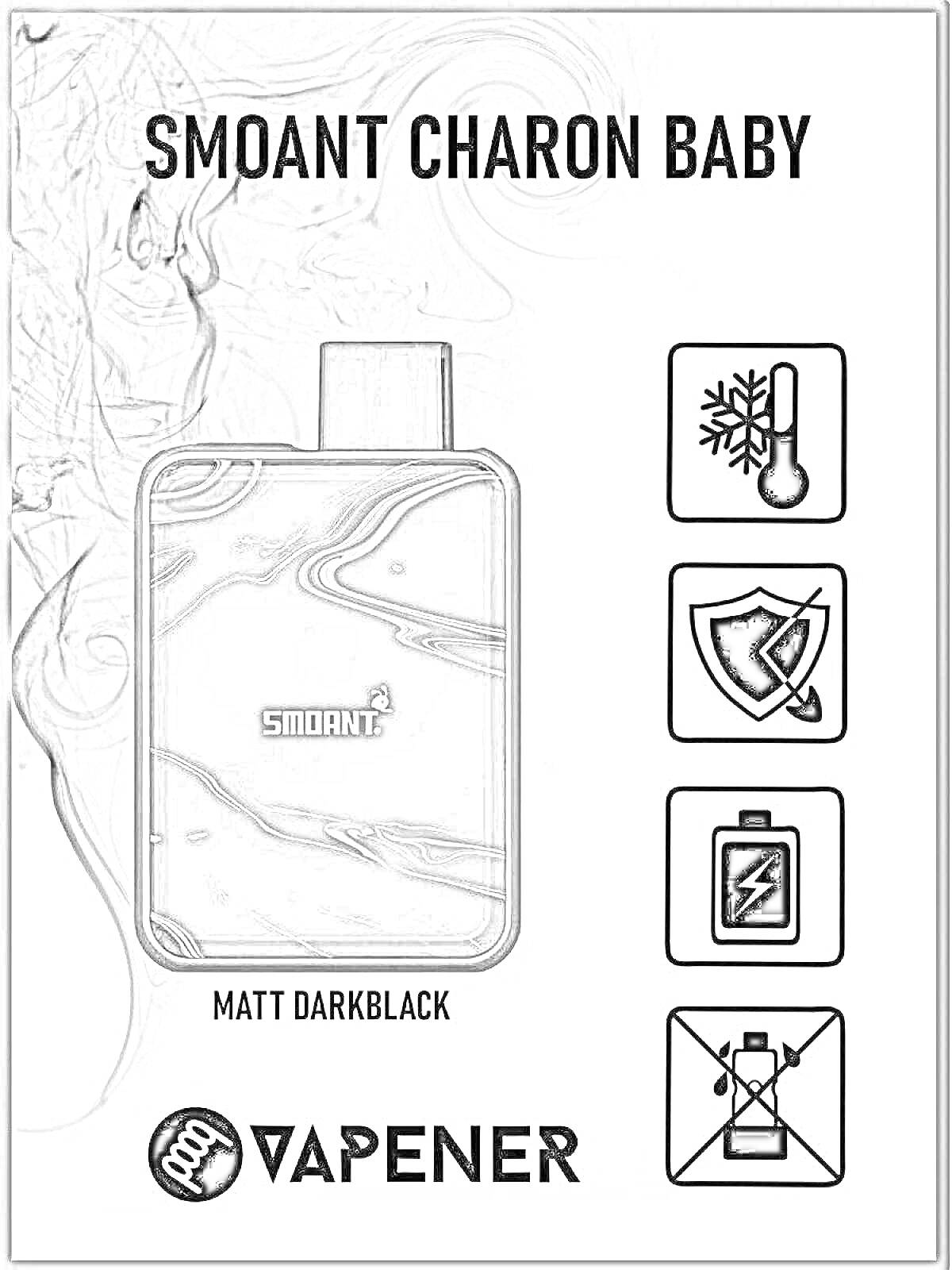 Раскраска Smoant Charon Baby в цвете Matt Darkblack, изображение вейпа, логотип Vapener, символы защиты от охлаждения, защиты, заряда батареи и запрета курения
