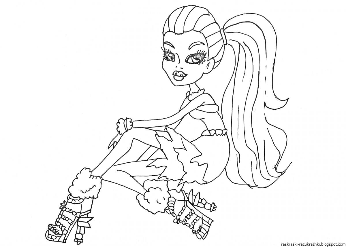 Раскраска Девушка с длинным распущенным хвостом, сидящая скрестив ноги, в одежде с зубчатым краем и пушистыми сапогами