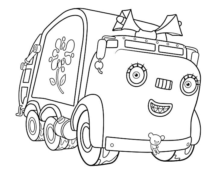 Раскраска Грузовик с цветами на кузове и бантом, глазками и игрушкой