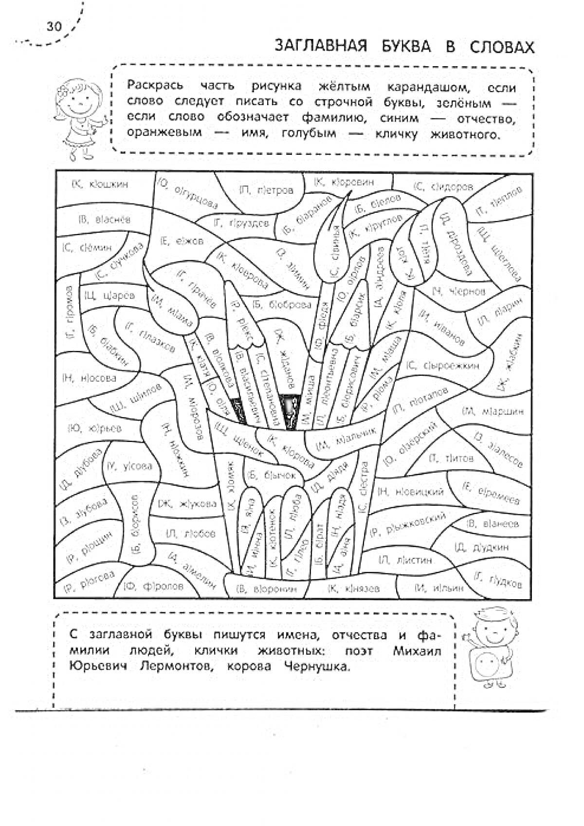 Раскраска Заглавная буква в словах. Раскрась части рисунка жёлтым карандашом, если слово следует писать со строчной буквы, зелёным, если слово обозначает фамилию, синим, если отчество, оранжевым, если кличку животного.
