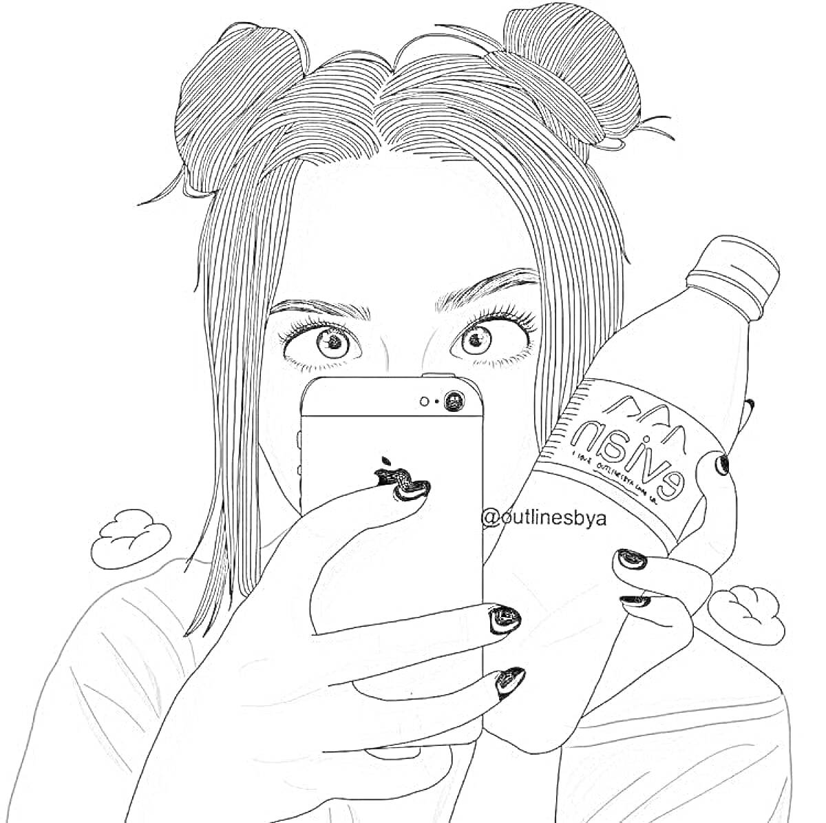 Раскраска Девушка-блоггер с телефоном и бутылкой воды
