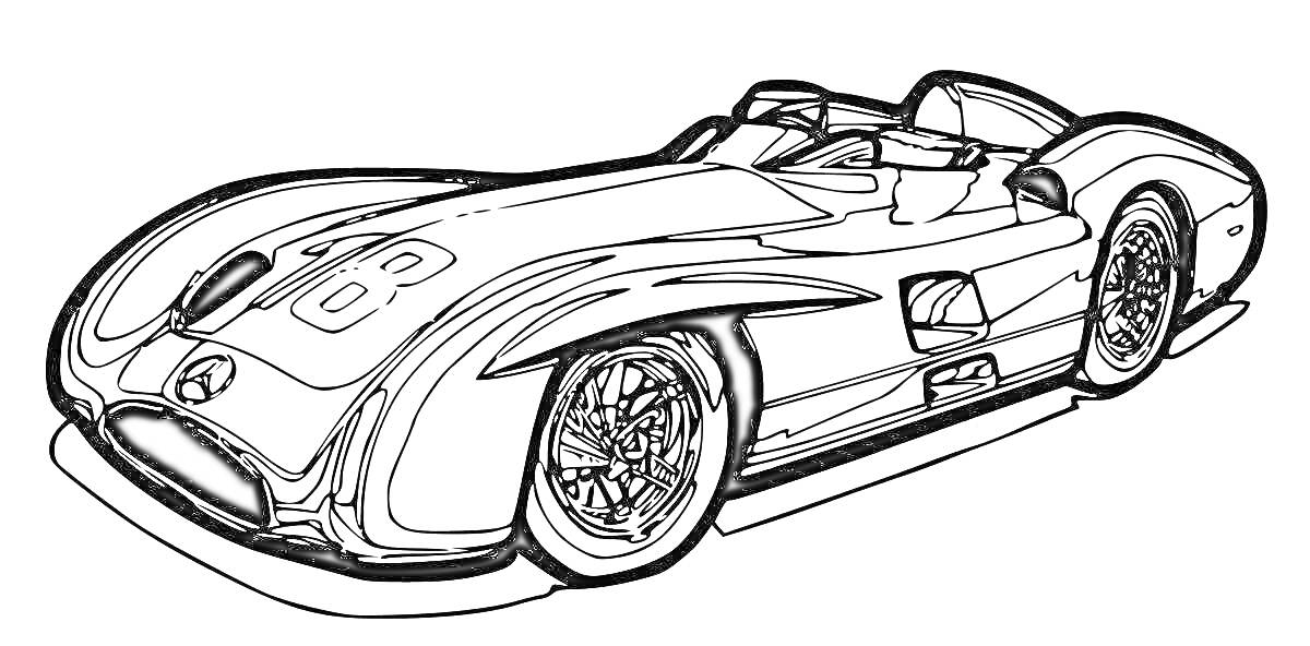 Раскраска Гоночная машина с номером 8, вид сбоку, спортивная модель с открытым верхом