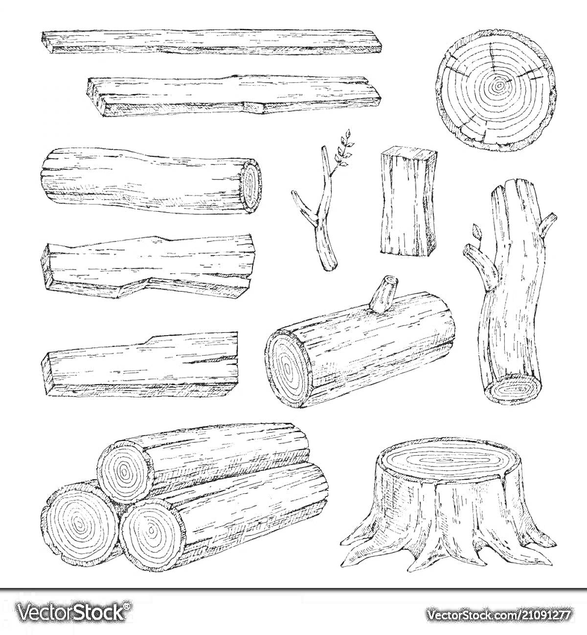 Раскраска Разные типы бревен и деревянных элементов: доски, распиленное бревно, ветка, пенек, порезанные стволы
