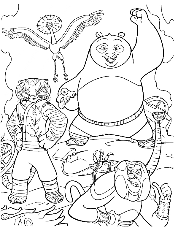 Раскраска Панда, тигрица, обезьяна и журавль в джунглях