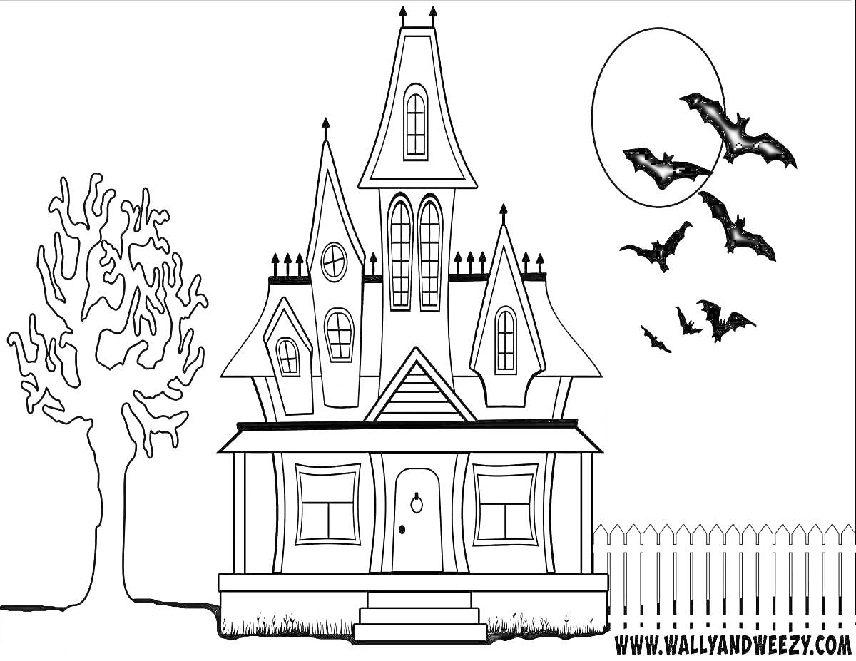 На раскраске изображено: Дом, Хэллоуин, Луна, Забор, Ночное время, Привидения, Мистика