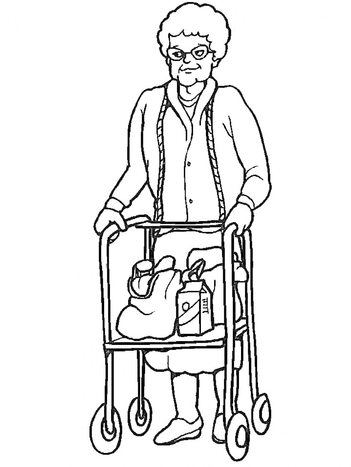 Раскраска Бабушка с ходунками и сумками