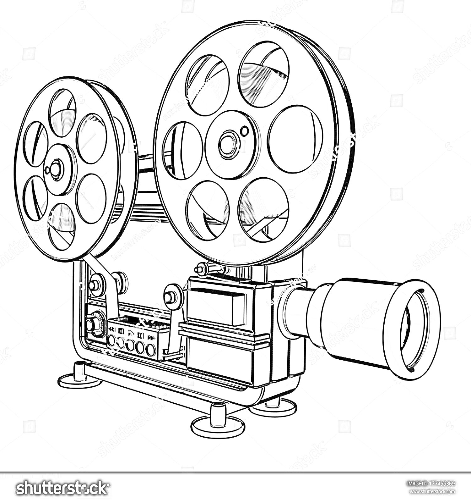 Раскраска Кинопроектор с двумя катушками и объективом