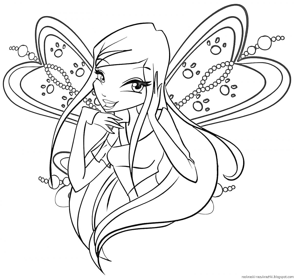 Раскраска Волшебная фея с длинными волосами и крыльями, украшенными узорами и бусинами