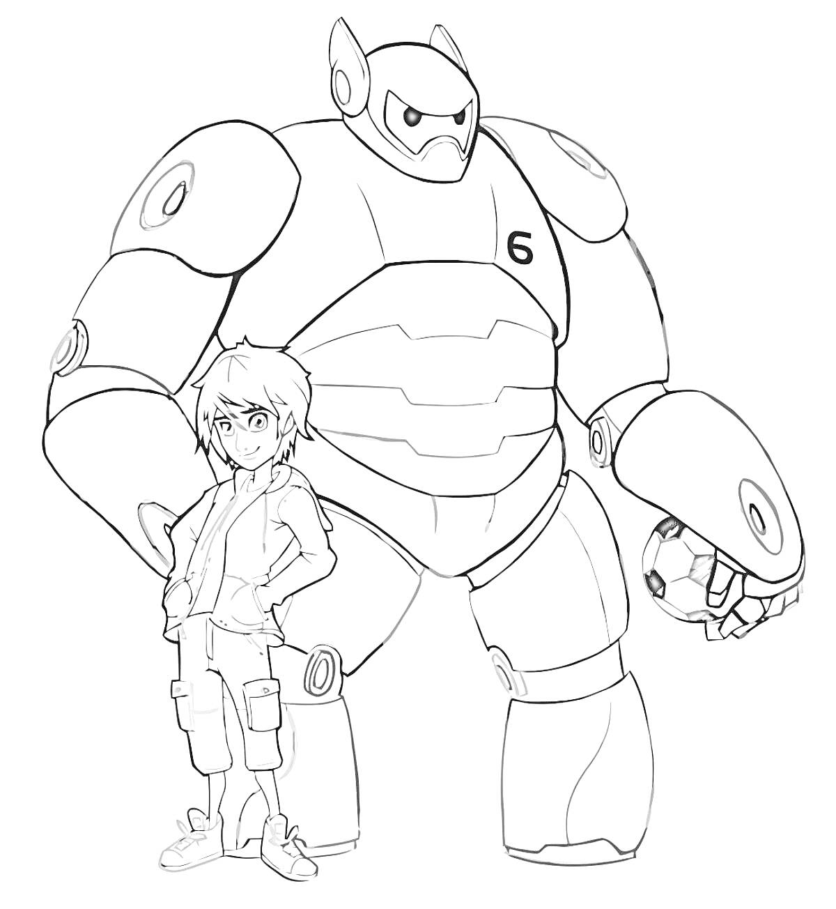Раскраска Мальчик и большой робот с мячом