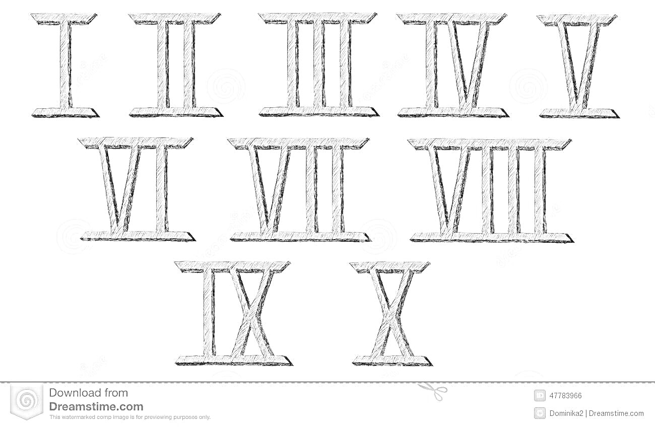 Раскраска Римские цифры I, II, III, IV, V, VI, VII, VIII, IX, X