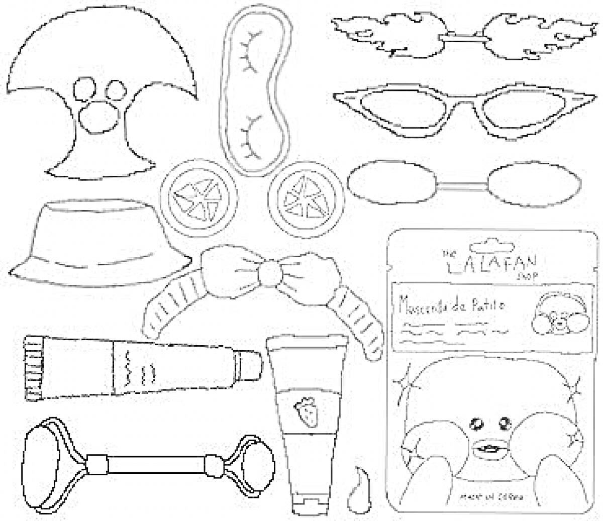 Раскраска Вещи для уточки Лалафанфан: шляпа, маска для сна, заколка-маска, очки, цветные линзы, бабочка-галстук с руками, маска для лица, расческа, тюбик крема, капля