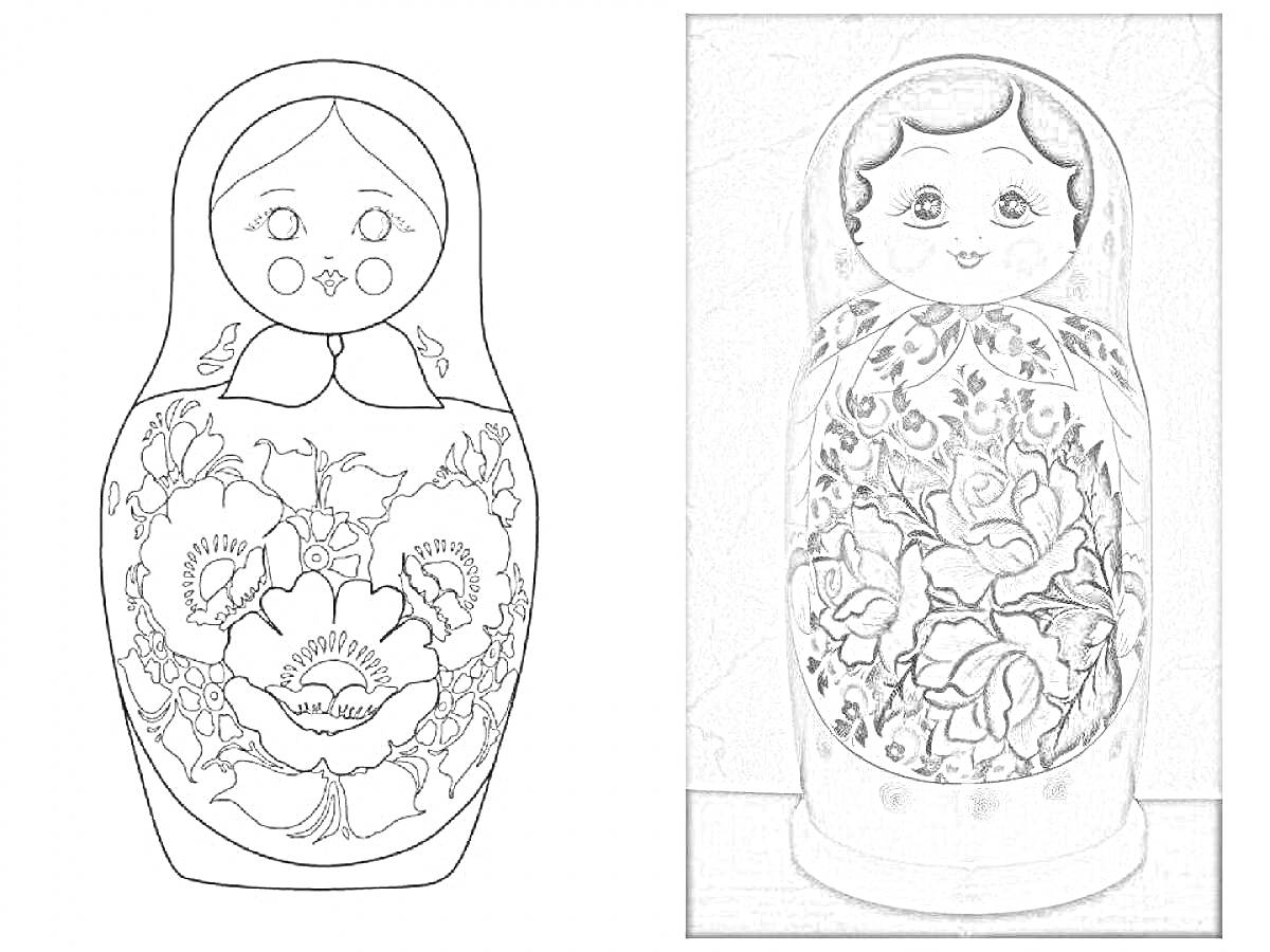 Раскраска с изображением семеновской матрешки с цветочным орнаментом