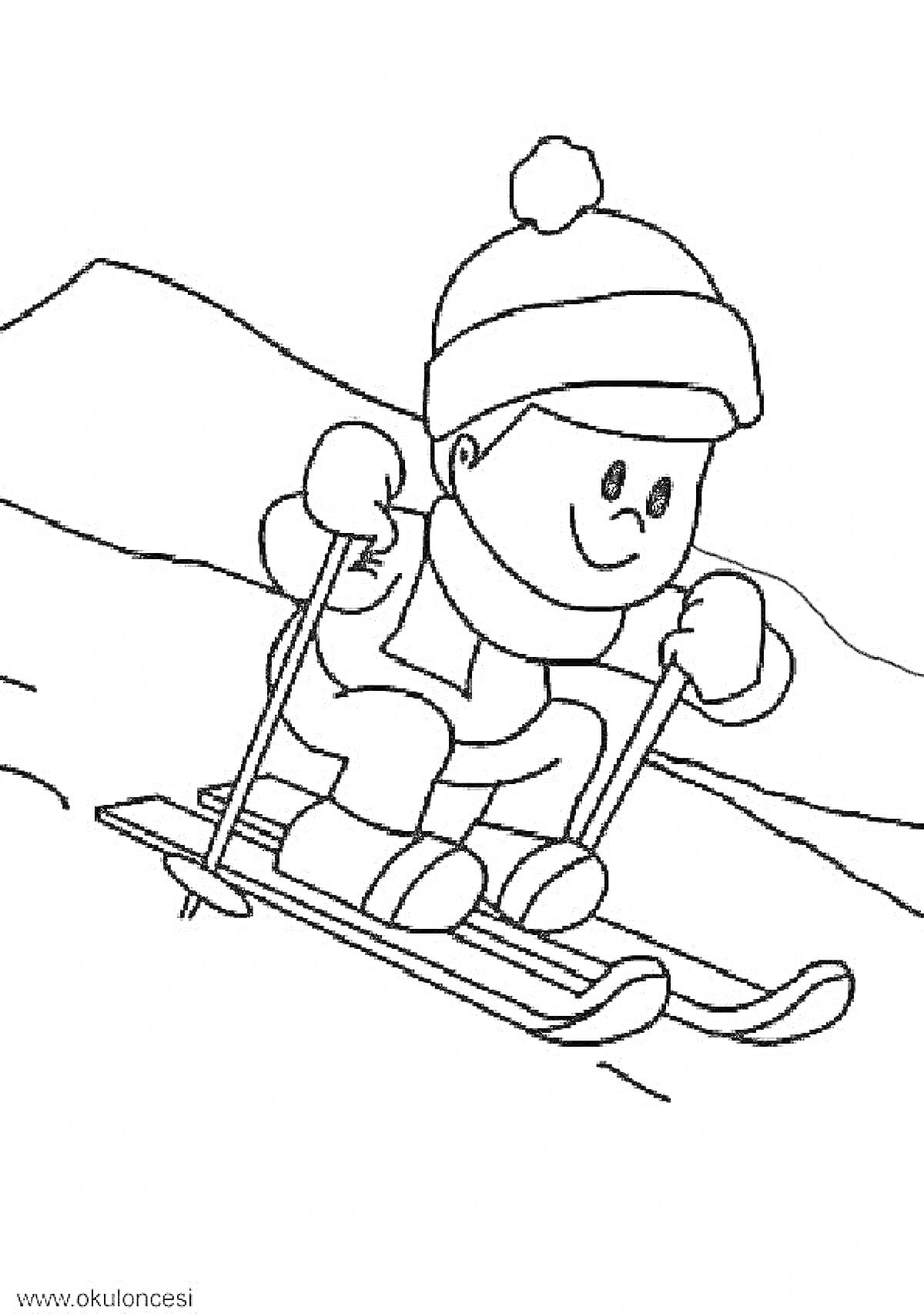 На раскраске изображено: Мальчик, Лыжи, Зимний спорт, Шапка, Холмы, Снег, Активный отдых, Для детей, Помпоны