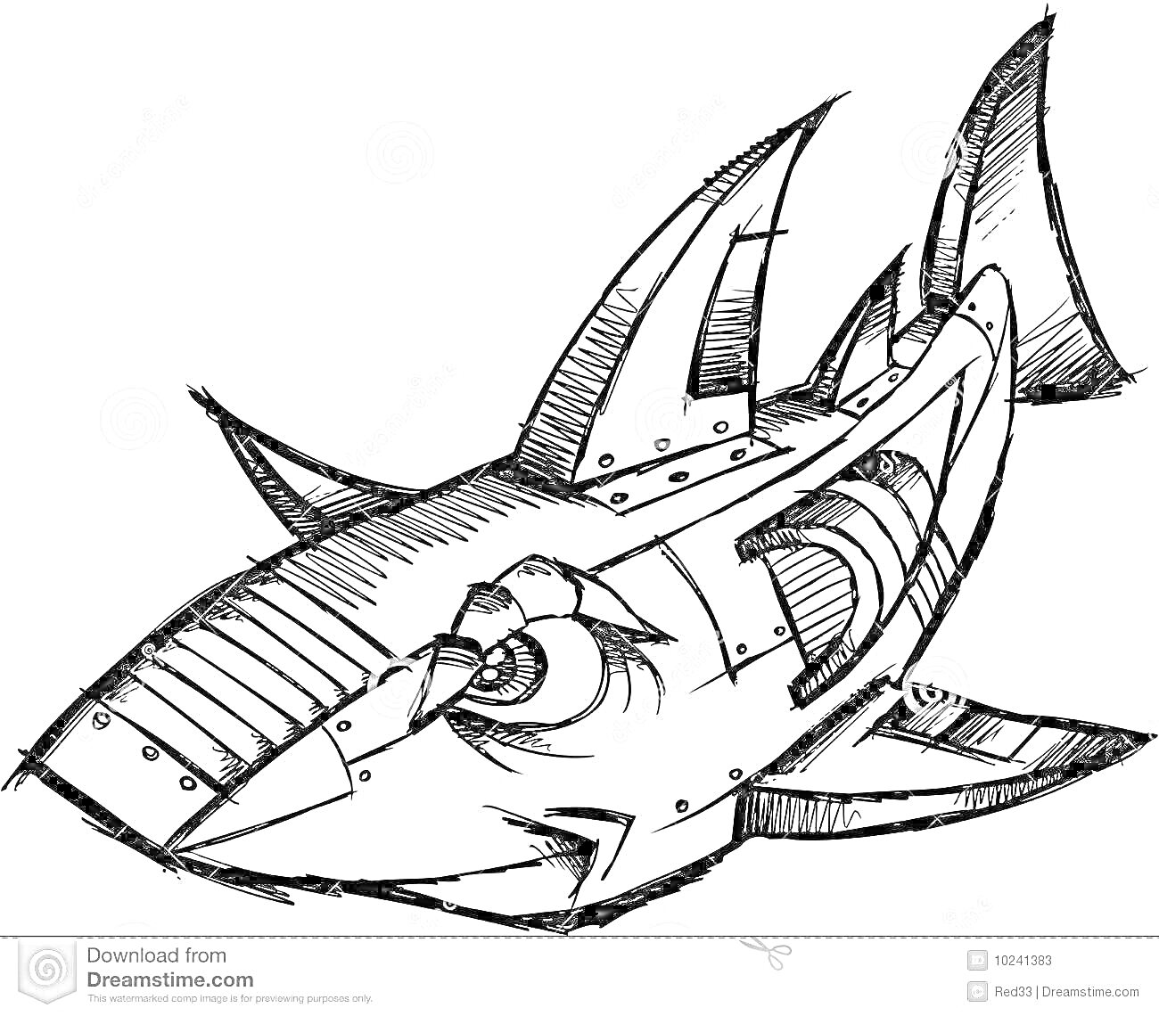Раскраска Акула робот с металлическими элементами и шестернями на теле