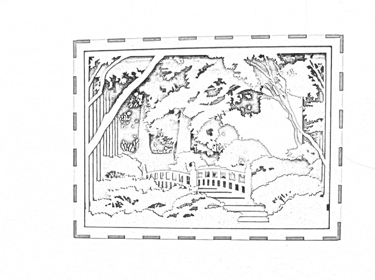Раскраска Лесной мост с деревьями и лестницей