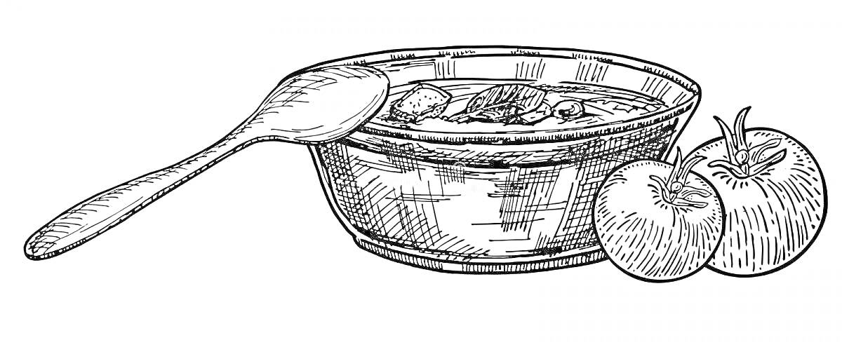Раскраска Окрошка в миске с ложкой и двумя томатами