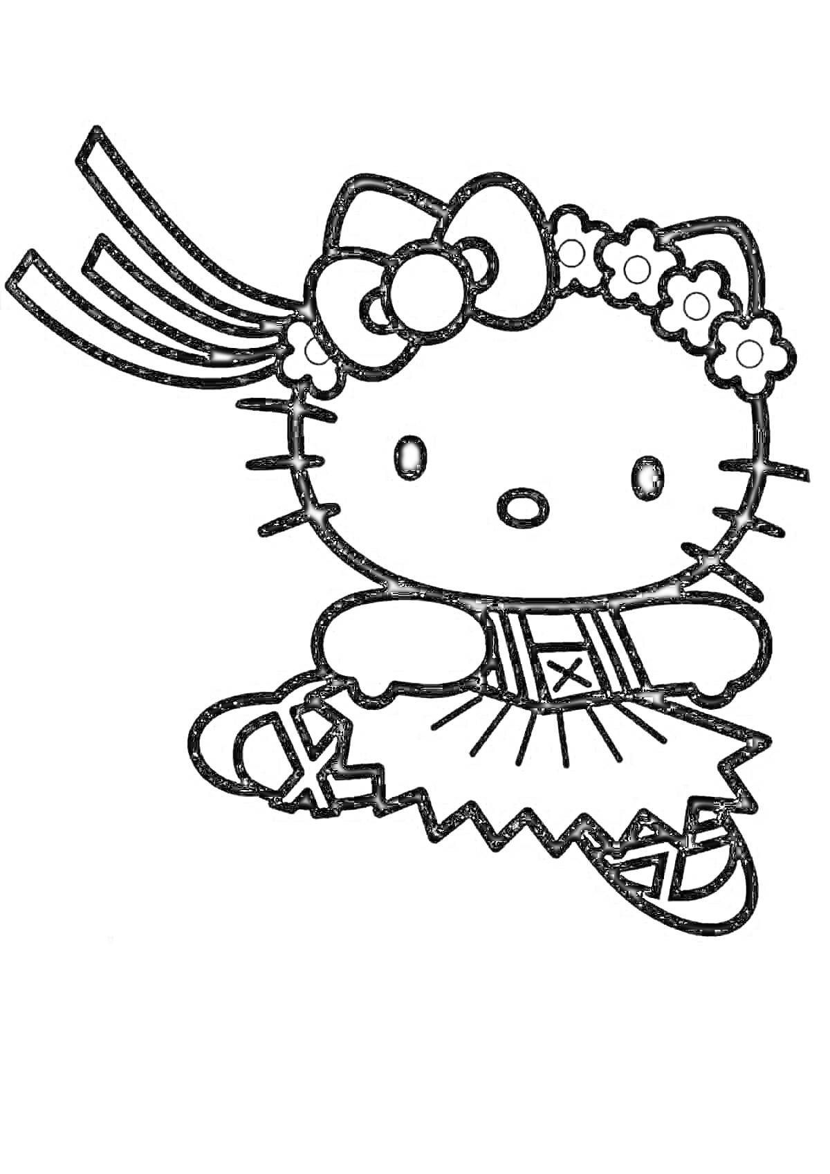Раскраска Хелло Китти в образе демона с ленточками и цветочным венком