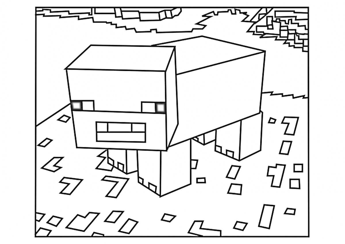 Раскраска Свинья из Майнкрафт на фоне блоков