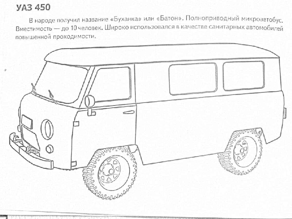 Раскраска УАЗ 450 (Буханка) - автомобиль, боковая сторона, колеса, окна, фонари, дверь, ручки, фары, лобовое стекло