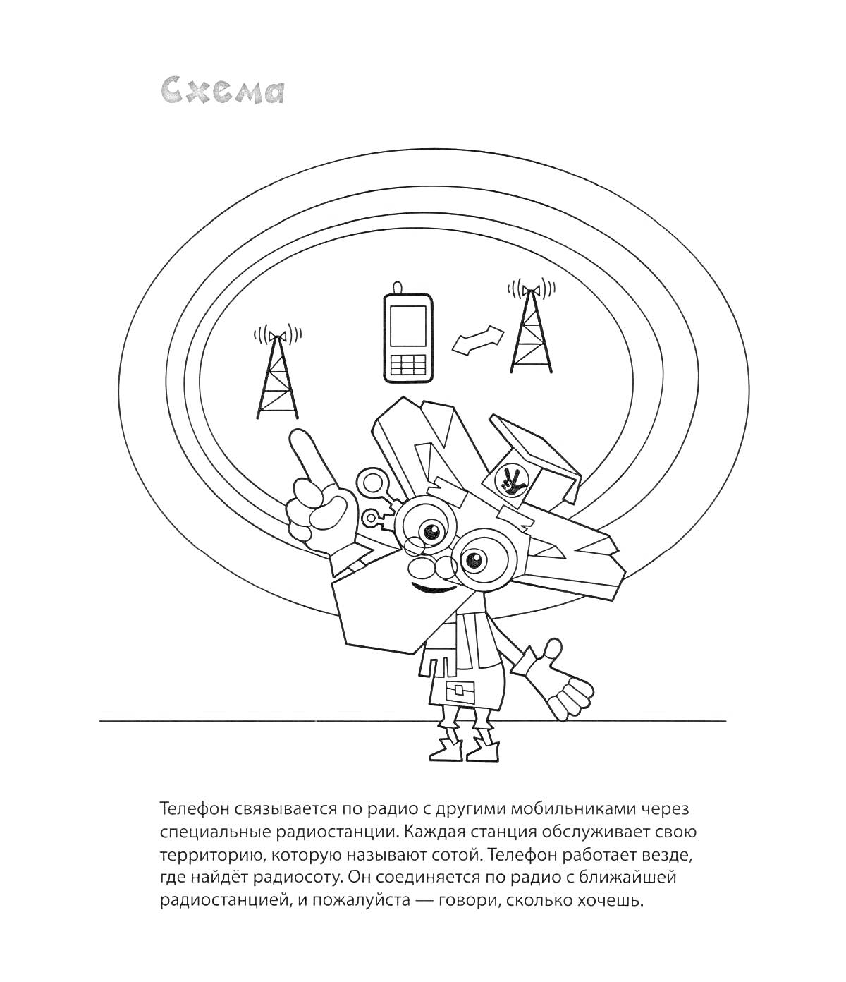 На раскраске изображено: Фиксики, Радиостанция, Объяснение, Схема, Радио, Телефон