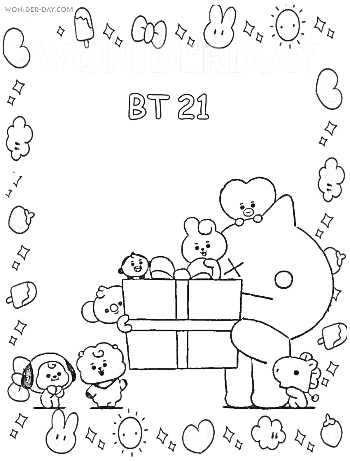 Персонажи BT21 с подарком, обрамленные элементами в виде облаков, солнышек, сердечек, кроликов и звездочек