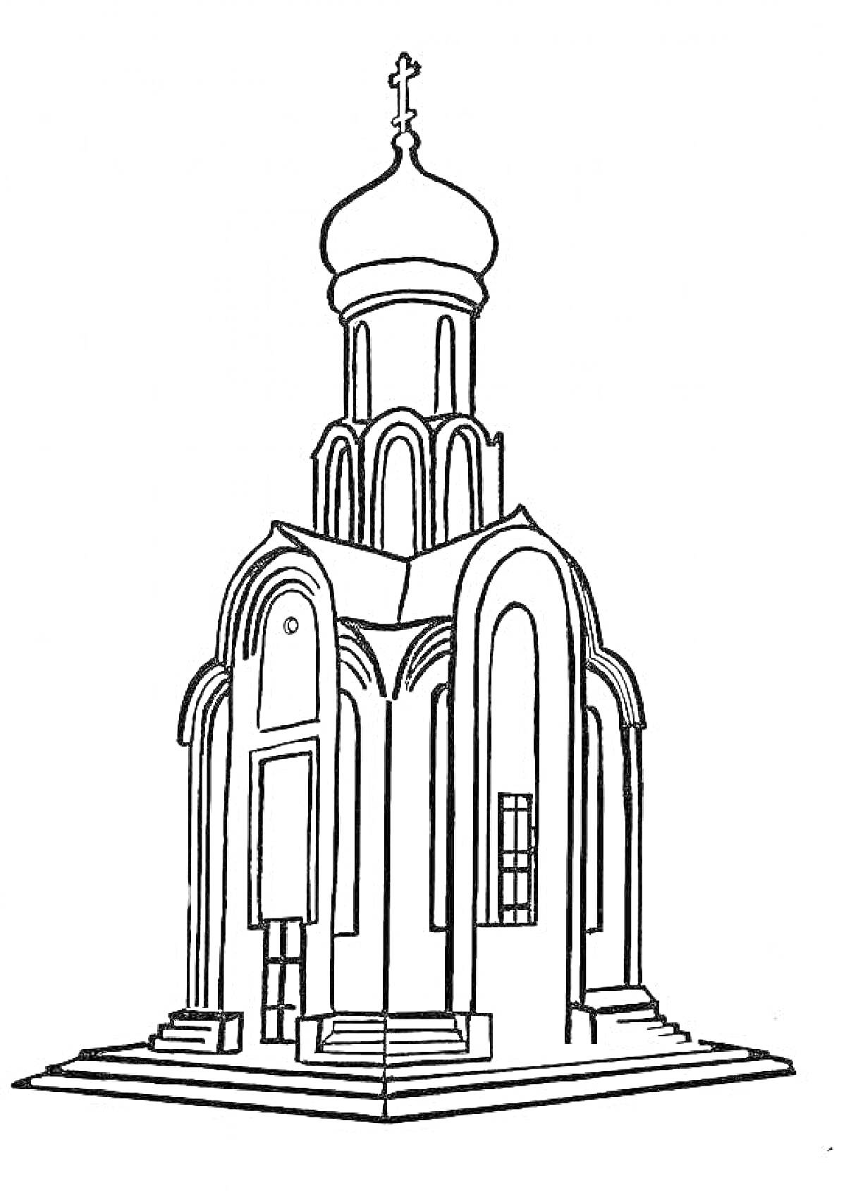 На раскраске изображено: Храм, Крест, Окна, Ступени, Архитектура, Религия