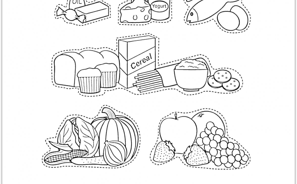 На раскраске изображено: Конфеты, Молоко, Сыр, Йогурт, Рыба, Хлеб, Хлопья, Сахар, Печенье, Кукуруза, Салат, Кабачок, Яблоко, Клубника, Виноград, Еда