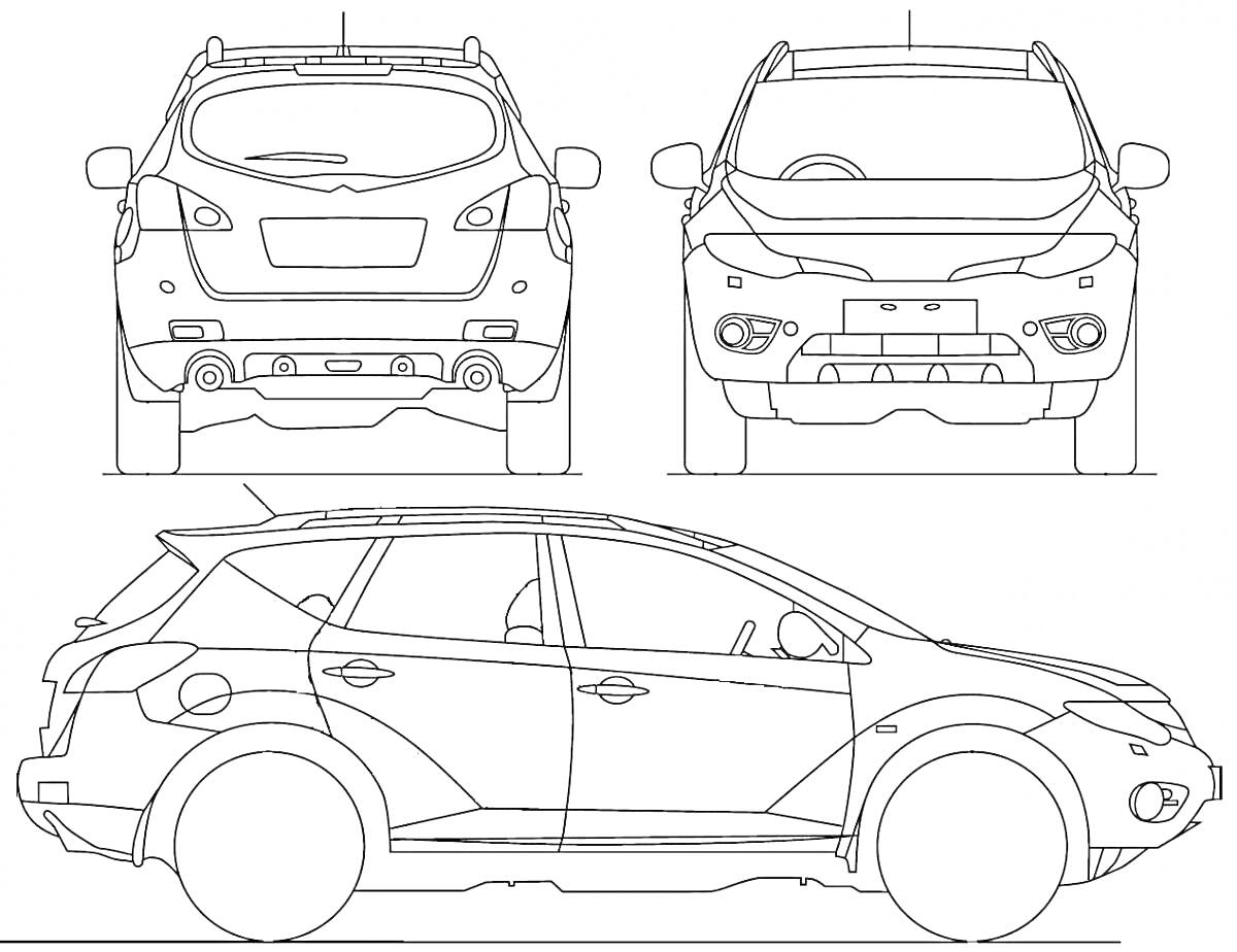 Раскраска Раскраска с изображением автомобиля Nissan Qashqai в трех видах - вид сзади, вид спереди, вид сбоку