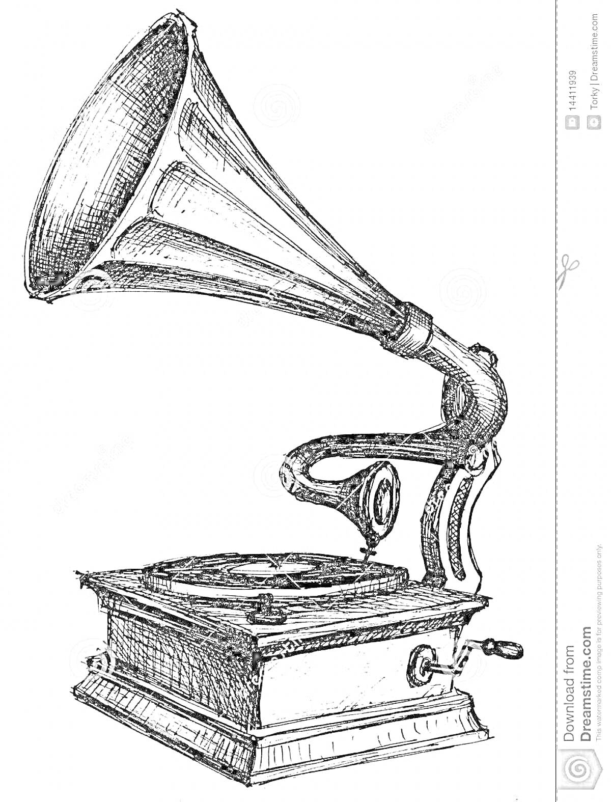 Раскраска Граммофон с раструбом и ручным приводом
