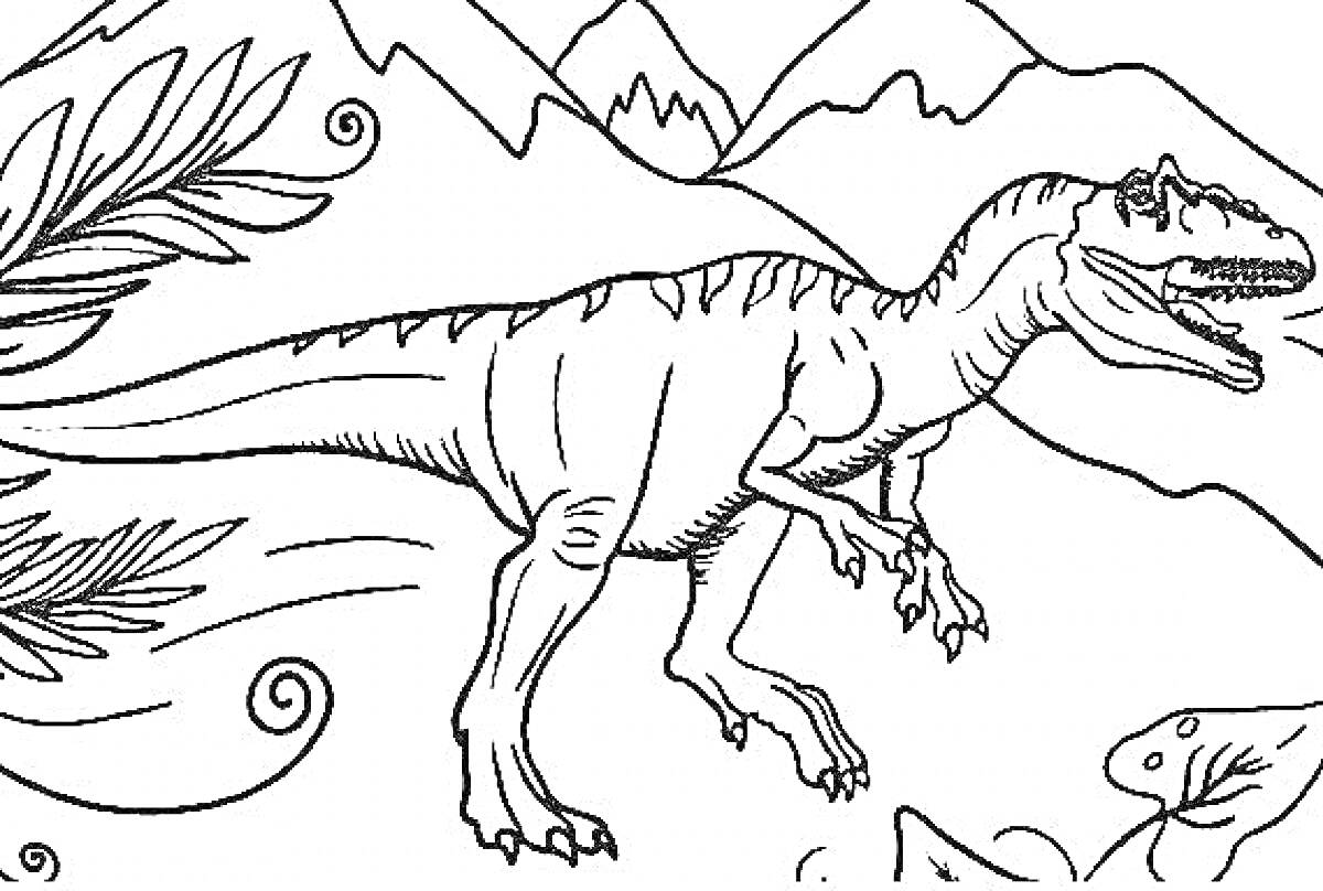На раскраске изображено: Аллозавр, Динозавр, Горы, Растения, Камни, Природа, Доисторическая эпоха, Рептилии