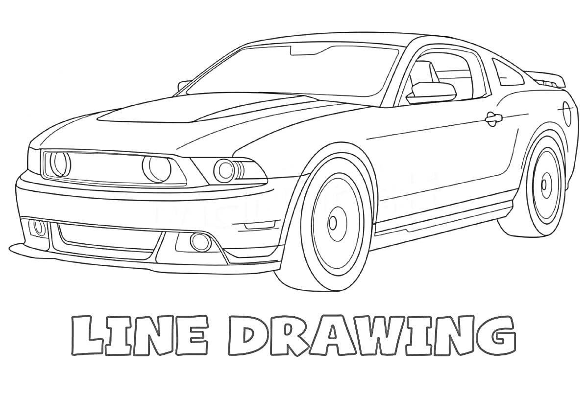Раскраска Линейный рисунок Ford Mustang с текстом 