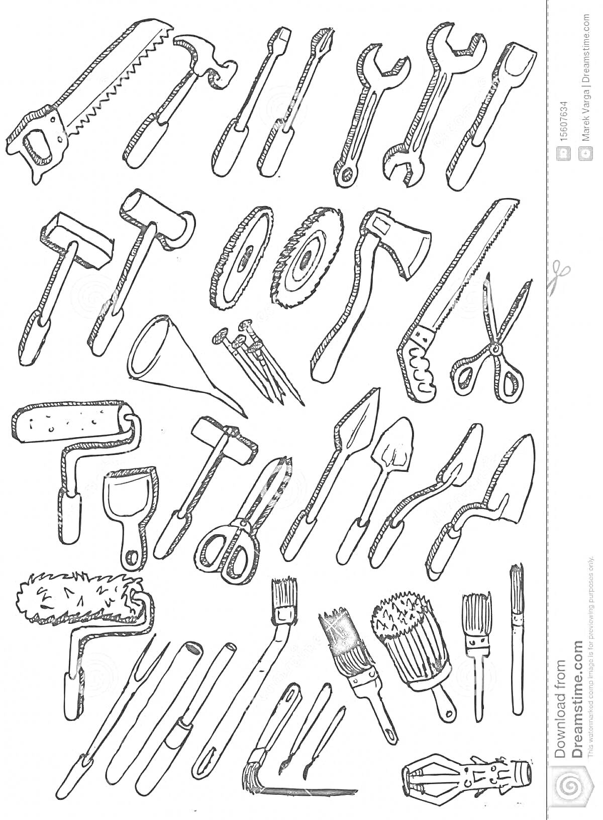 Раскраска Раскраска орудия труда и инструменты: пила, молоток, гаечный ключ, отвёртка, пассатижи, ножовка, гвозди, валик для краски, кисточка, мастерок, топор, ножницы, рашпиль, металлическая щётка
