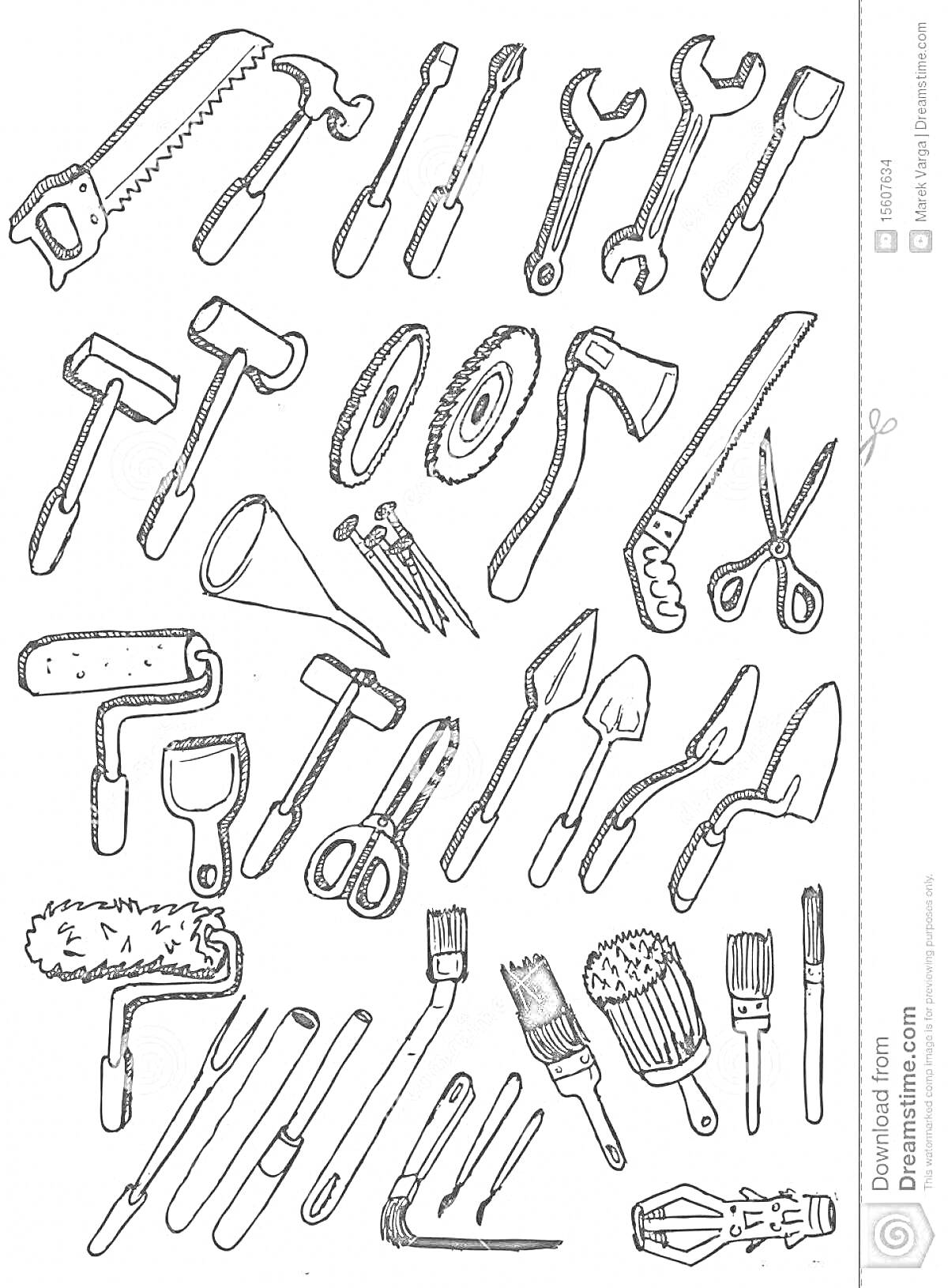 Раскраска орудия труда и инструменты: пила, молоток, гаечный ключ, отвёртка, пассатижи, ножовка, гвозди, валик для краски, кисточка, мастерок, топор, ножницы, рашпиль, металлическая щётка