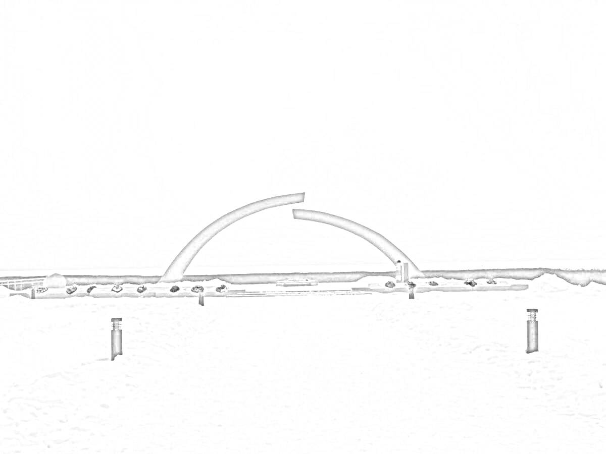 На раскраске изображено: Разорванное кольцо, Снег, Зима, Арка, Пейзаж, Архитектура