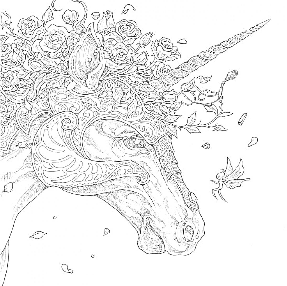 Раскраска Единорог с декоративным шлемом, розами и птицей