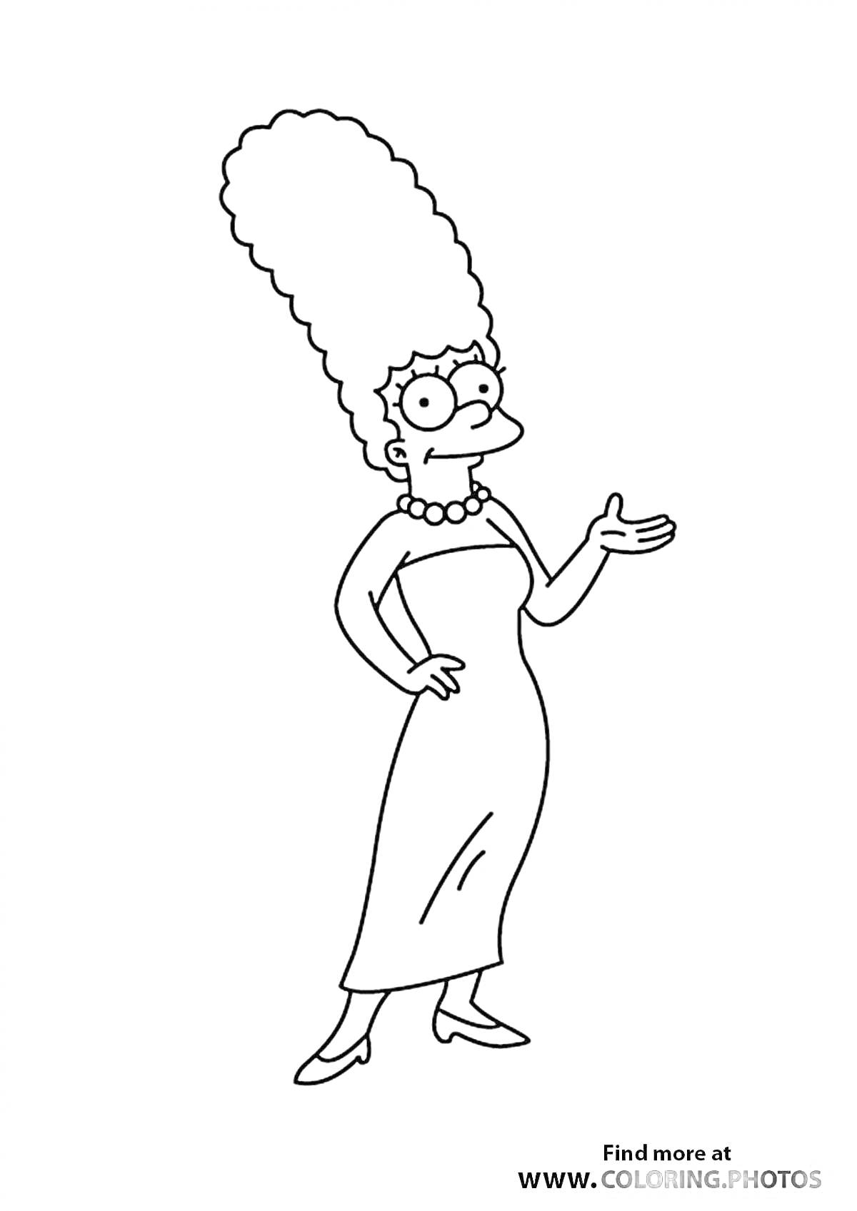 На раскраске изображено: Мардж Симпсон, Симпсоны, Платье, Ожерелье