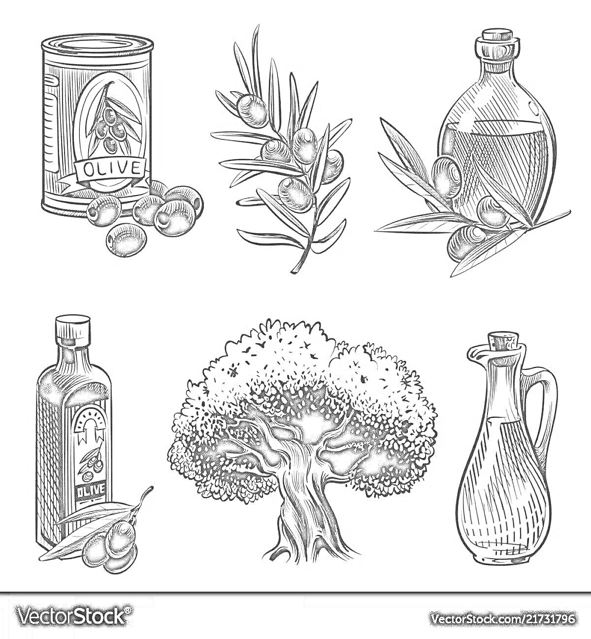 Банка с оливками, ветка оливкового дерева, бутылка с оливковым маслом, оливковое дерево, стеклянный графин с маслом