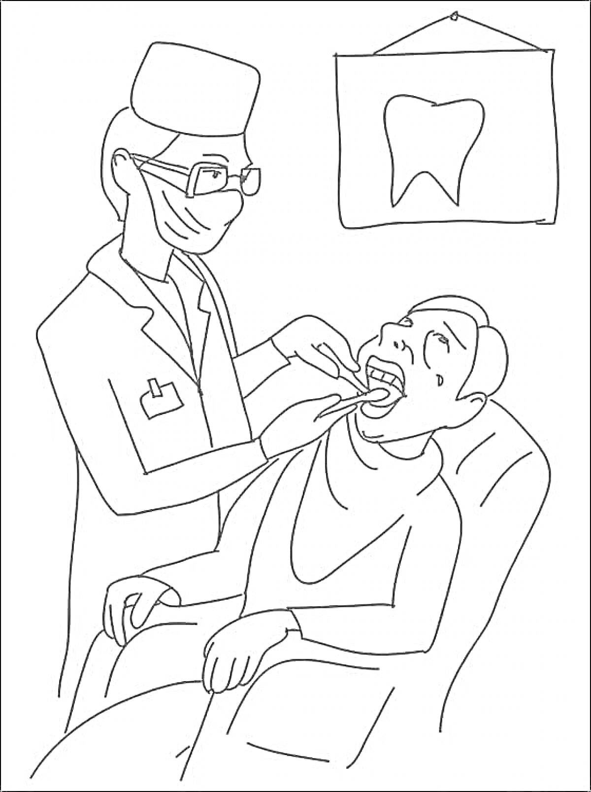 Раскраска Стоматолог осматривает пациента, пациент сидит в стоматологическом кресле, вешалка с изображением зуба на стене