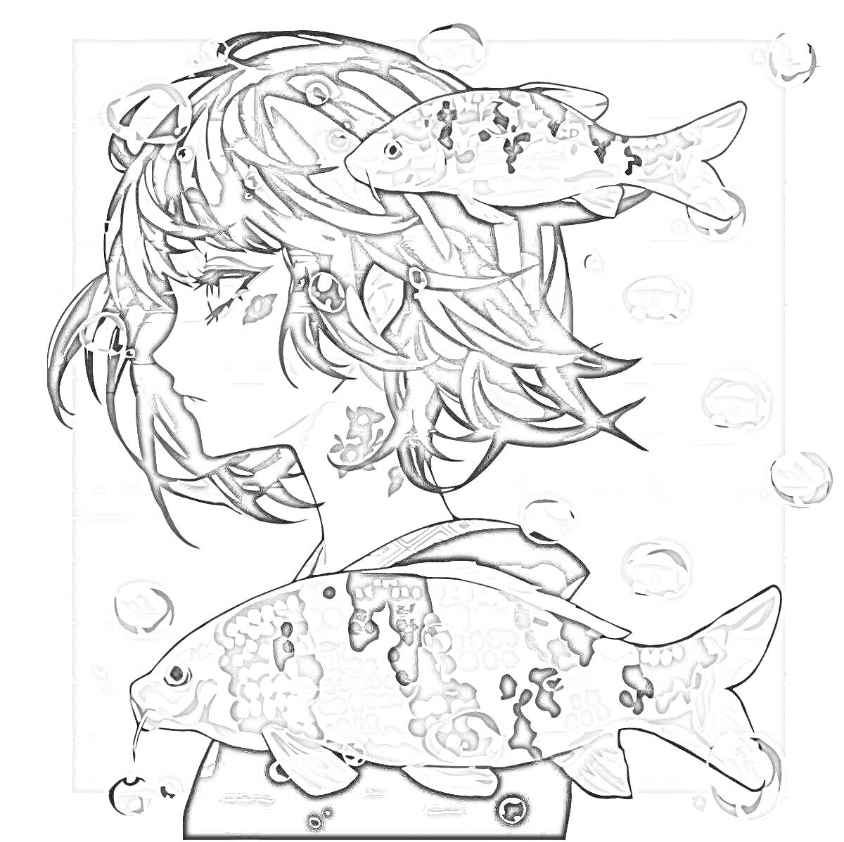 Раскраска Аниме персонаж с короткими волосами и рыбами коИ