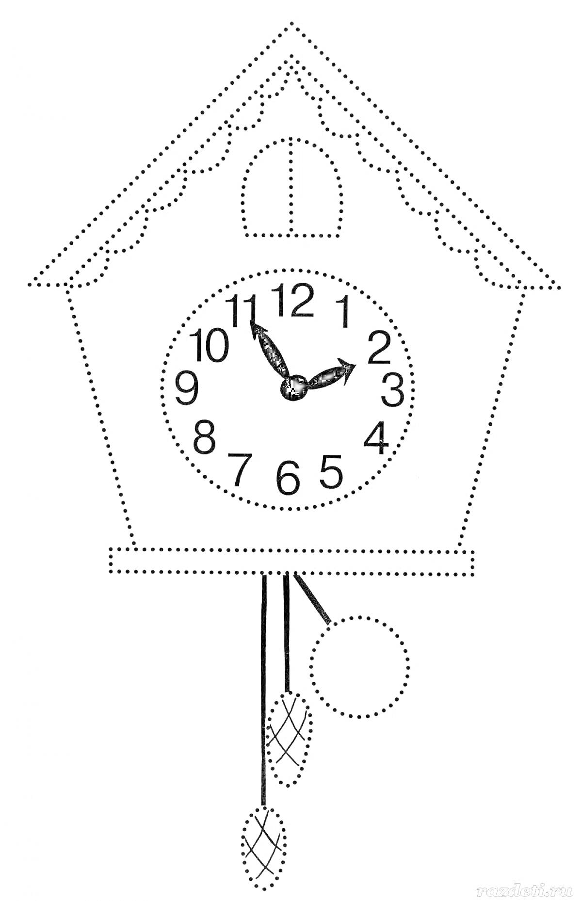 Раскраска Кукушечные часы с циферблатом, стрелками и гирями