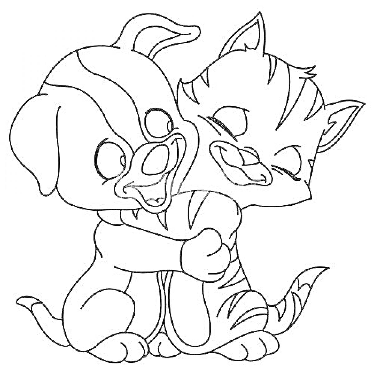 Раскраска Щенок обнимает котенка, кошка и собака обнимаются