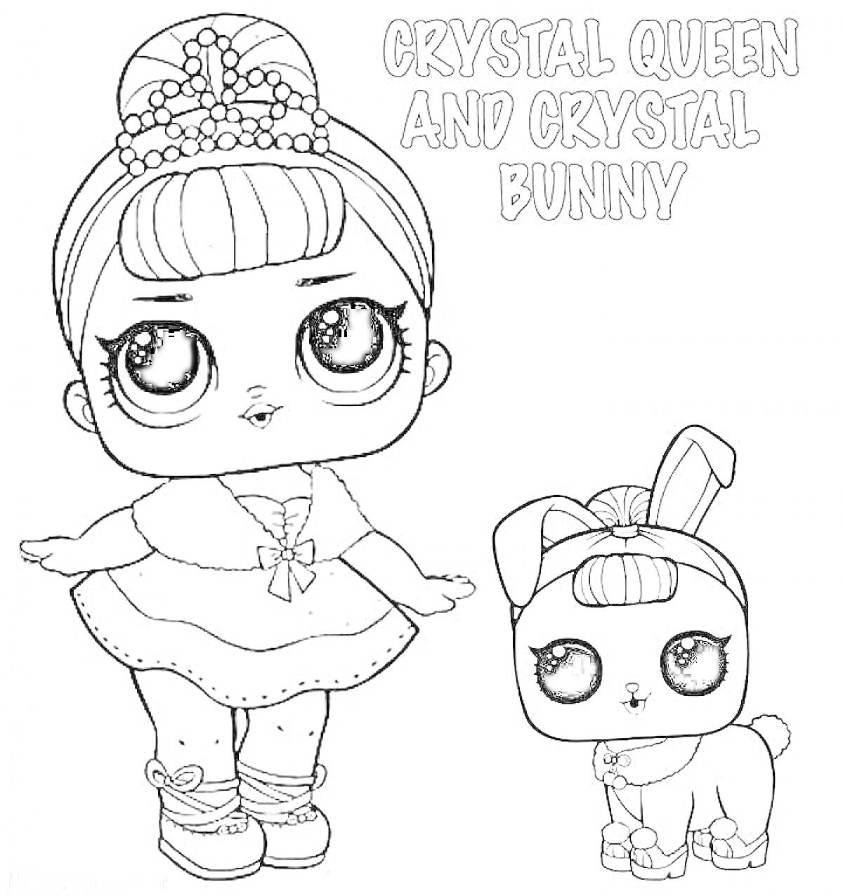 РаскраскаCrystal Queen and Crystal Bunny, девочка с бантом и балетной пачкой, кролик с бантом и браслетом