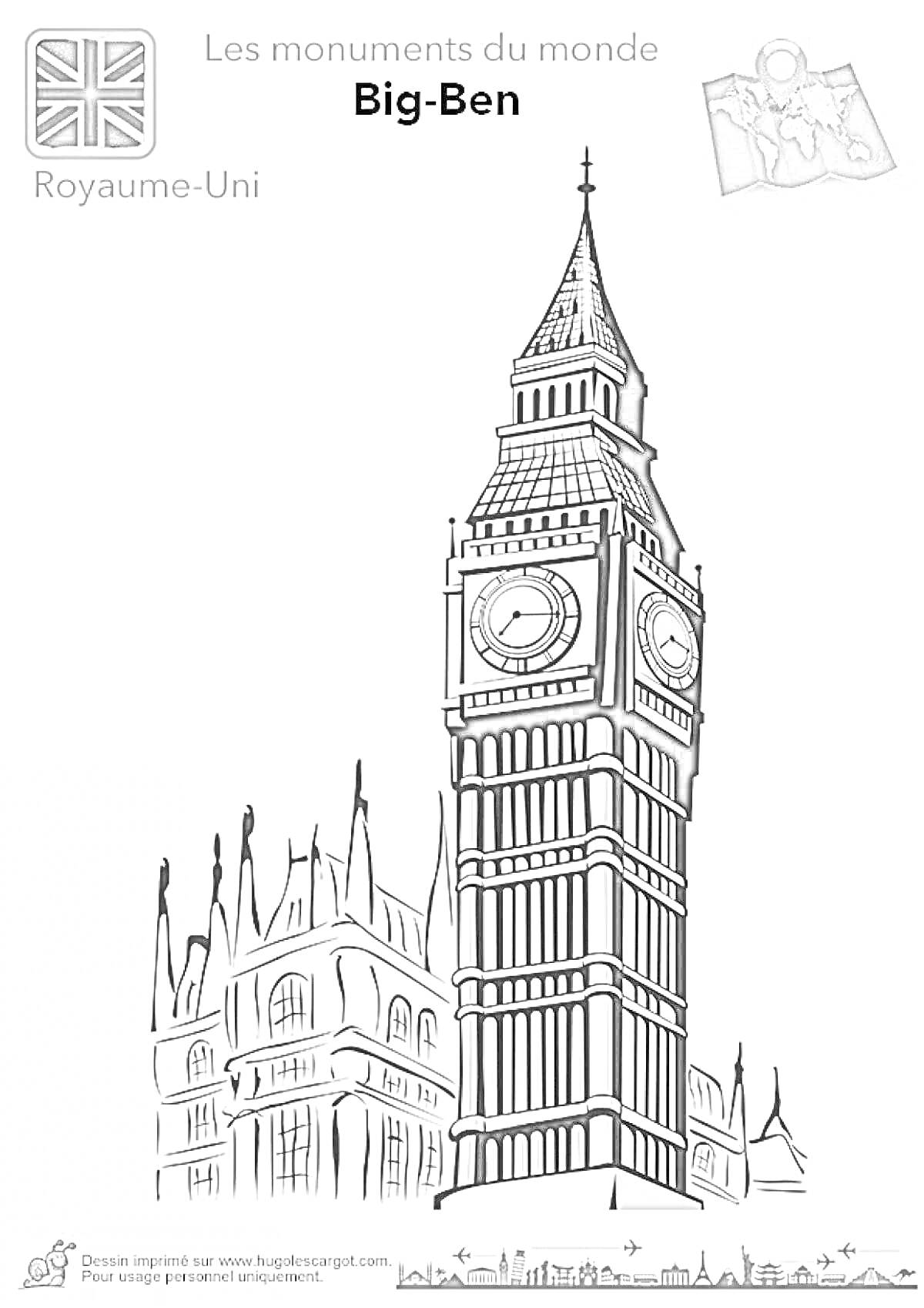 На раскраске изображено: Лондон, Великобритания, Архитектура, Часы