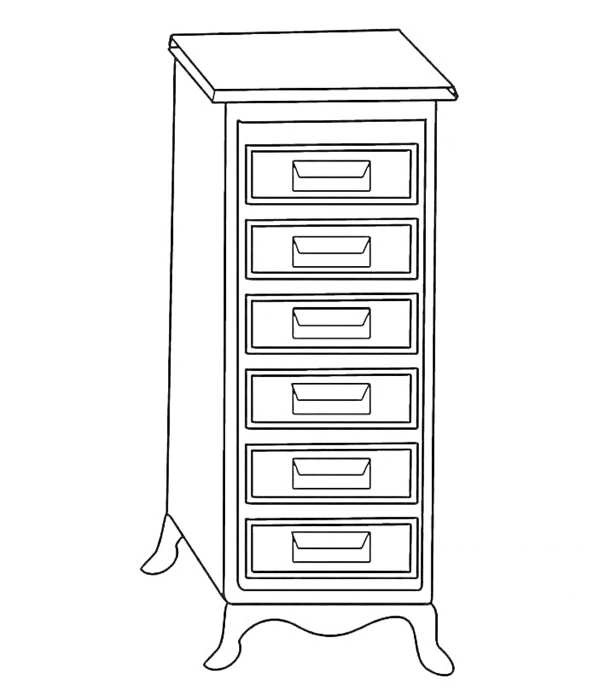 Раскраска Высокий комод с шестью ящиками на изогнутых ножках
