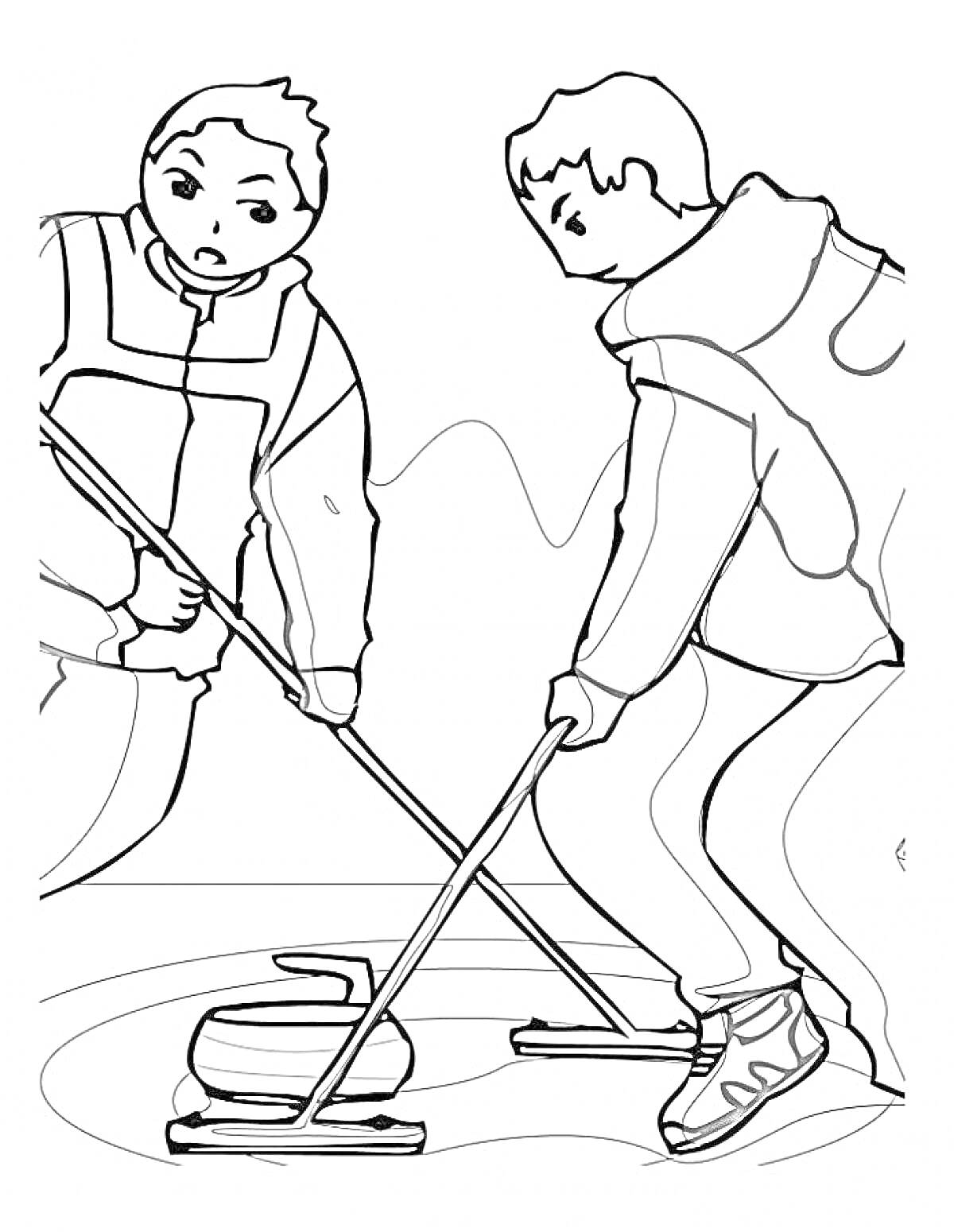 Два человека играют в кёрлинг, держа щётки и направляя камень по льду.
