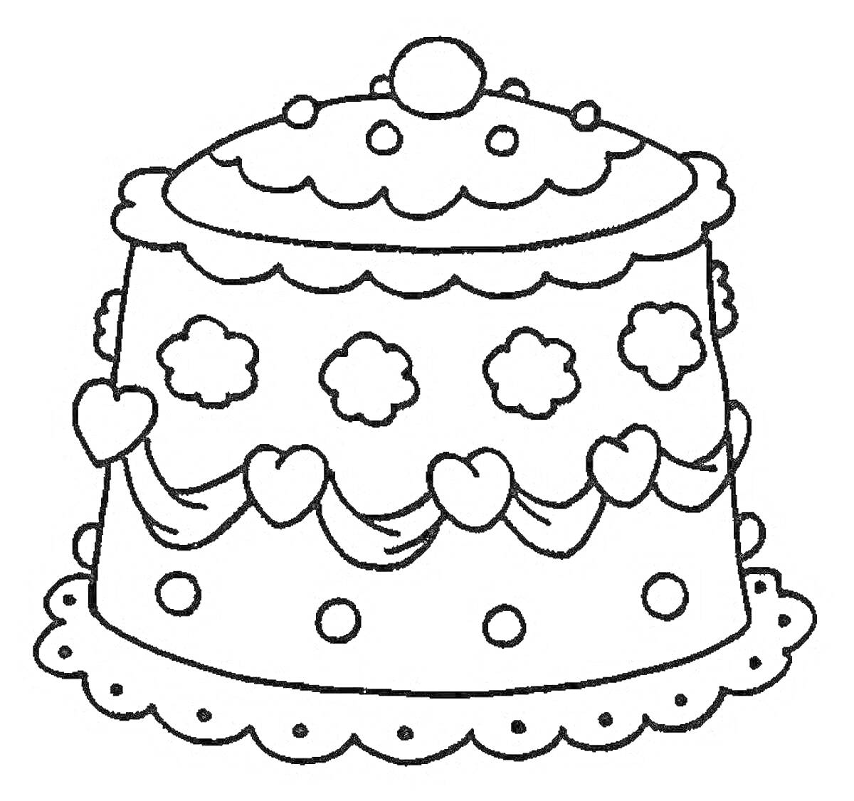 На раскраске изображено: Торт, Точки, Волны, Сладости, Праздничный торт, Украшения, Для девочек