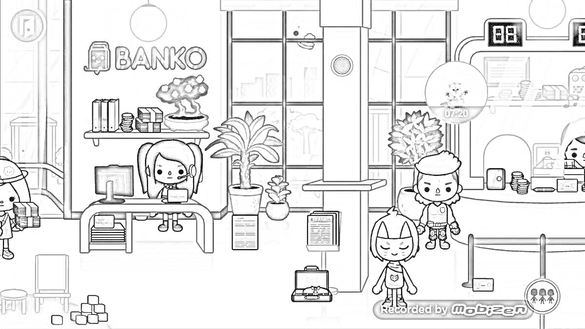 Раскраска Сцена в банке: персонажи, компьютер, растения, банкомат, очередь